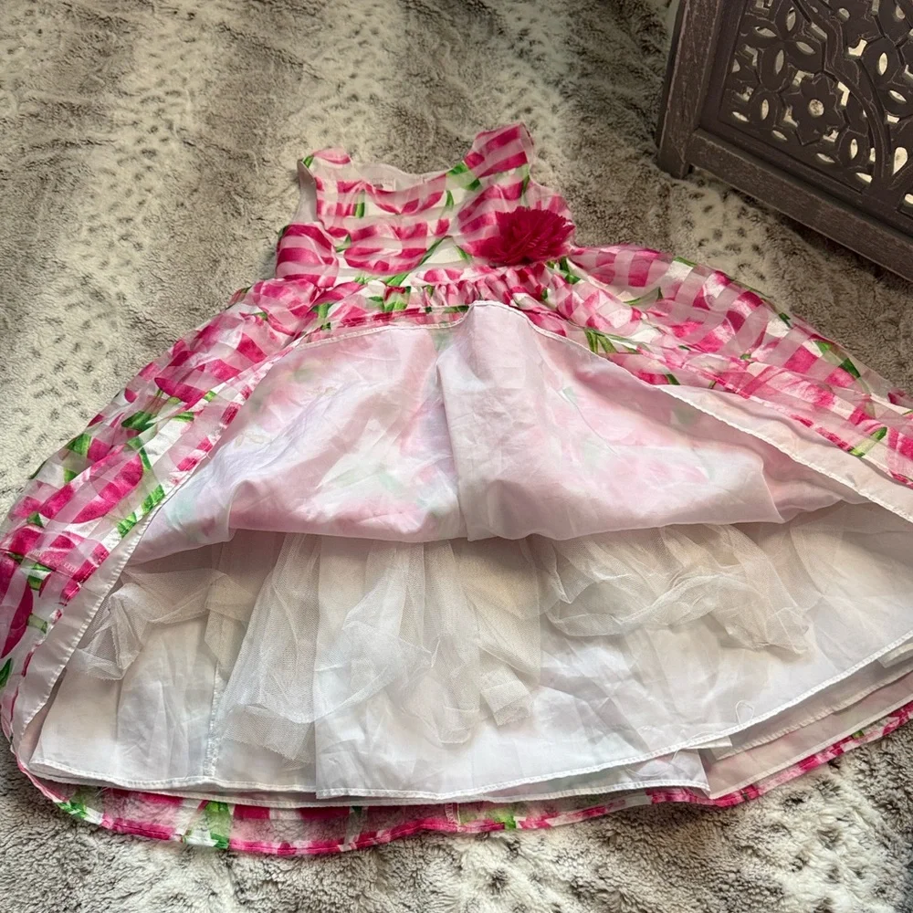 Marmellata pink green floral stripes dress girls size 5 Easter garden party